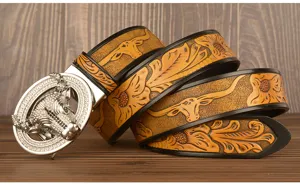 Men's genuine leather belt with stylish longhorn bull buckle and embossed floral pattern design.