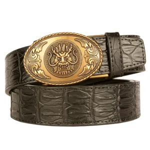 Men's genuine leather belt with gold dragon buckle and black crocodile pattern design.