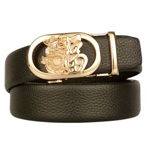 Men's leather belt with golden automatic buckle featuring dragon and fortune character design.