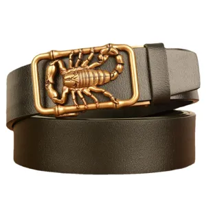 Men's black leather belt featuring a unique bronze scorpion automatic metal buckle for casual daily wear.