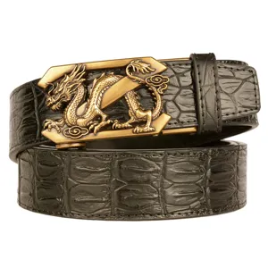 Men's black embossed alligator leather belt with golden dragon automatic buckle fashion.