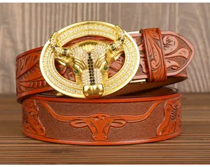 Men's leather belt with rhinestone bull buckle, stylish automatic buckle cowboy waist belt for men.