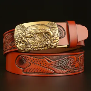 Mens Vintage Genuine Cowhide Leather Belt Casual Denim Metal Automatic Buckle Embossed Eagle Pattern Fashion Waist Belt