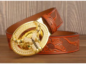 Men luxury leather belt detail featuring a sparkling rhinestone bull head buckle and embossed.