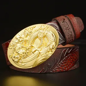 Men's Vintage Ethnic Style Leather Belt Dragon Embossed Cowhide Casual Jeans Belt With Alloy Buckle For Men