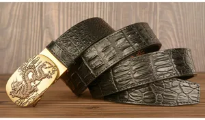 Cintura in pelle con stampa coccodrillo da uomo con fibbia automatica drago dorato.