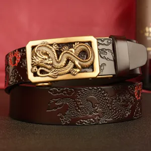 Men's Genuine Leather Automatic Buckle Belt Retro Dragon Embossed Business Casual Pants Belt Gold Silver Buckle