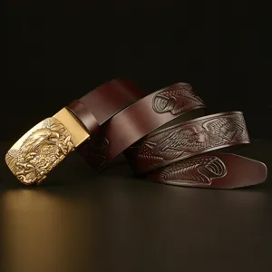Men retro embossed cowhide leather belt with eagle automatic buckle for casual jeans.