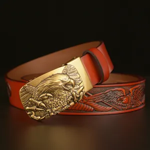 Men vintage embossed cowhide leather belt with eagle automatic buckle casual jeans belt