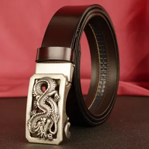 Men leather belt automatic buckle stylish dragon design brown waist band business