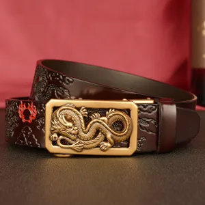 Men's genuine leather belt with golden dragon automatic buckle and embossed pattern.