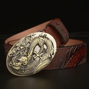 Men's leather belt featuring metallic dragon buckle and embossed scale pattern for casual wear.