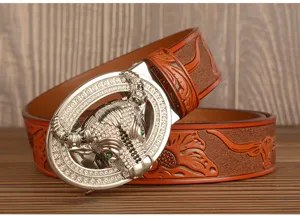 Men genuine leather automatic buckle belt featuring dazzling rhinestone bull head detail.