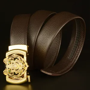 Men's luxury genuine leather belt featuring a sparkling rhinestone tiger head buckle