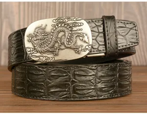 Cintura in pelle nera da uomo motivo coccodrillo con fibbia in metallo drago vintage automatica.