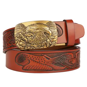Mens vintage embossed leather belt with statement eagle automatic metal buckle for casual jeans.