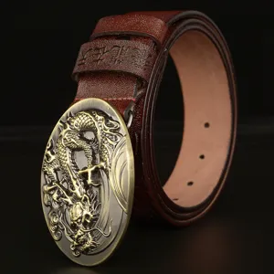 Men's leather belt with dragon buckle, vintage metal hardware and textured cowhide strap.