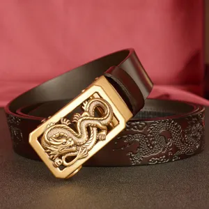 Men leather belt with metallic dragon automatic buckle and embossed dragon strap main shot.