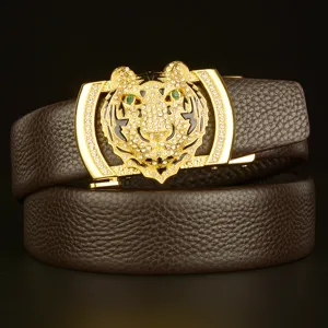 Men's genuine leather belt featuring a dazzling rhinestone tiger head automatic buckle style.