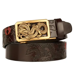 Men leather belt with gold dragon buckle, stylish embossed automatic buckle waist belt main view