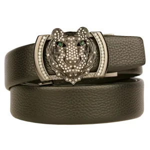 Mens genuine leather belt with dazzling rhinestone tiger head automatic buckle fashion casual