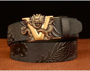 Men luxury dragon carved leather belt with gold V buckle vintage business jeans strap