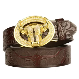 Luxury crystal bull buckle men leather belt, embossed cowhide casual business pants strap.