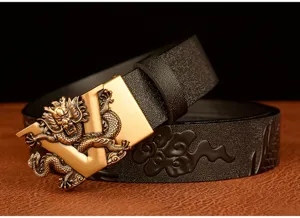 Men luxury dragon pattern automatic buckle leather belt business casual black strap detail.
