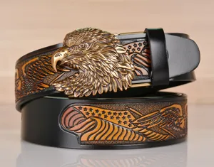 Mens leather belt with retro eagle buckle and embossed wing strap design, casual waist accessory