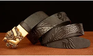 Men's leather belt with dragon buckle, embossed dragon pattern casual business jeans belt.