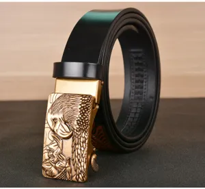 Men's leather belt with stylish embossed eagle automatic buckle for casual jeans wear.