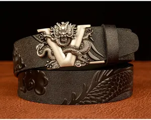 Men's leather belt featuring a dragon carved metal V buckle and embossed dragon pattern.