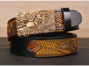 Men leather belt with embossed eagle buckle retro automatic buckle business casual trousers belt