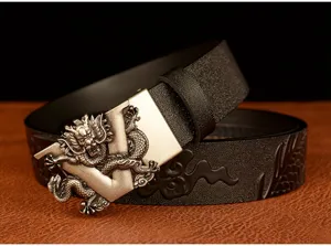 Men's black leather belt featuring a detailed Chinese dragon carved automatic buckle design.