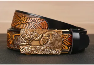 Men's genuine leather belt with eagle embossed automatic buckle, vintage casual style.