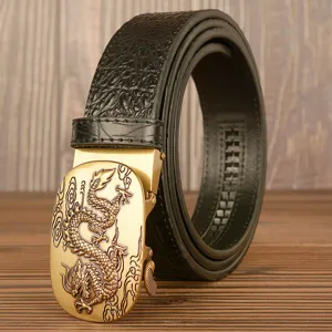 Cintura in Pelle di Vacchetta Casual Affari da Uomo Motivo Coccodrillo Fibbia Automatica Drago Volante