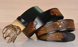 Detailed view of men's leather belt with vintage eagle buckle and embossed eagle strap design.
