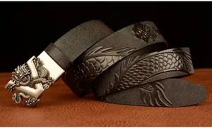 Black leather belt with intricate dragon embossing and a stylish metal automatic buckle.
