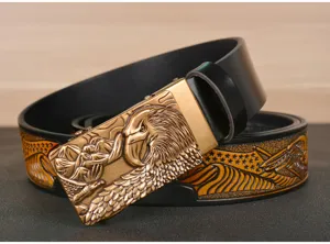 Men's leather belt with eagle metal automatic buckle and embossed strap detail for jeans.