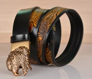 Men's leather belt featuring a vintage eagle head automatic buckle and embossed eagle pattern.