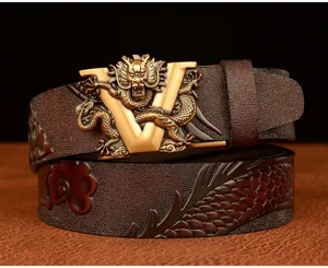 Men's leather belt with dragon carved automatic buckle and stylish V letter design.
