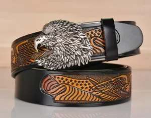 Vintage leather belt for men featuring an embossed eagle head automatic buckle and flag pattern.