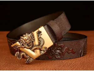 Men's leather belt with retro dragon relief metal auto buckle, stylish business casual strap.