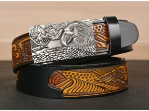 Men leather belt with eagle metal buckle, embossed cowhide strap for jeans, detailed design.