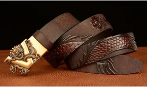Men's embossed dragon leather belt with golden metal V buckle luxury business style.