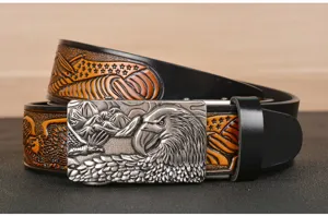 Men's leather belt with eagle embossed pattern and metal automatic buckle for jeans.