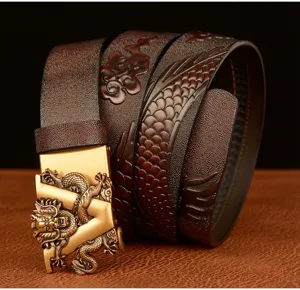 Men's embossed dragon leather belt with gold automatic buckle, stylish business accessory.
