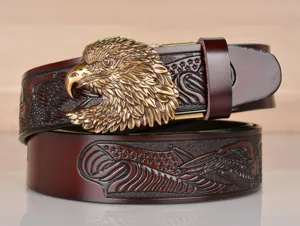 Men vintage leather belt with eagle buckle, embossed retro casual cowhide belt for men.