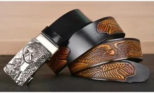 Men genuine leather automatic buckle belt with detailed embossed eagle pattern detail