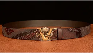 Men's genuine leather dress belt featuring an embossed dragon pattern and automatic metal buckle.